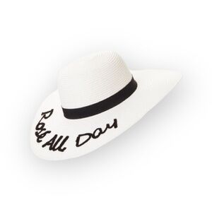 new Rose All Day ☻ Jet Setter Wide Brim Sun Hat ☻ White + Black Script Lettering